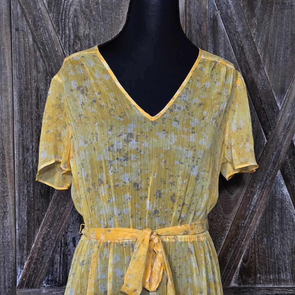 Simply Vera Vera Wang Yellow Floral Chiffon Tiered Ruffle Dress V-Neck Size M